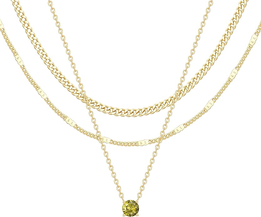 WomenGifts Layered Gold Necklaces for Women, 14K Gold Sterling Silver Plated Dainty Pendant Necklace Set with Cubic Zirconia Circle, Chunky Stackable Cuban Chain Choker, Trendy Personalized Birthstone Jewelry Gift Non Tarnish
