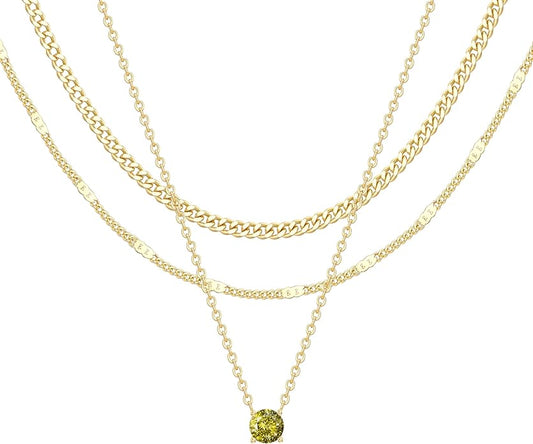 WomenGifts Layered Gold Necklaces for Women, 14K Gold Sterling Silver Plated Dainty Pendant Necklace Set with Cubic Zirconia Circle, Chunky Stackable Cuban Chain Choker, Trendy Personalized Birthstone Jewelry Gift Non Tarnish