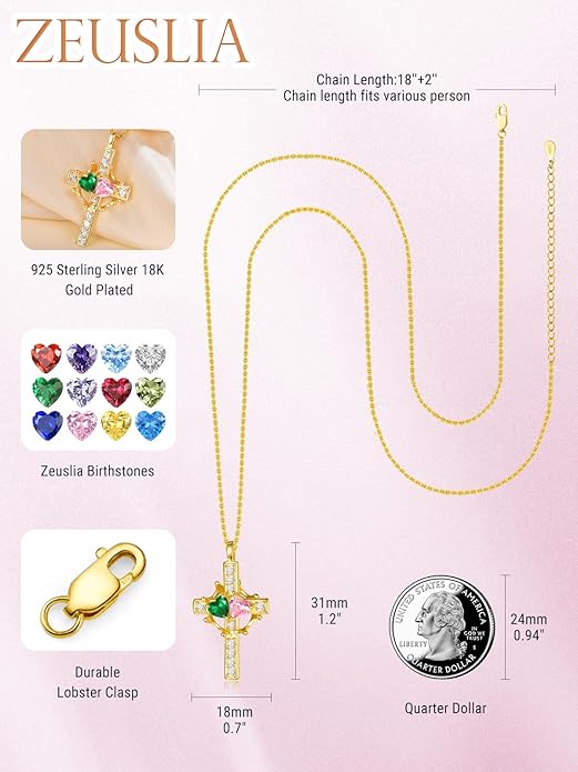 Zeuslia Double Birthstone Necklace Gifts for Wife - 925 Sterling Silver Sunflower/Rose/Crown Cross/Compass/Heart Pendant I Love You Necklace, Anniversary Birthday Gifts for Wife Girlfriend Mom Her