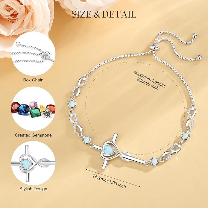 FANCIME Gift for Women Cross Bracelet 925 Sterling Silver Heart Birthstone Bracelet Fine Jewelry Birthday Gifts for Her Women