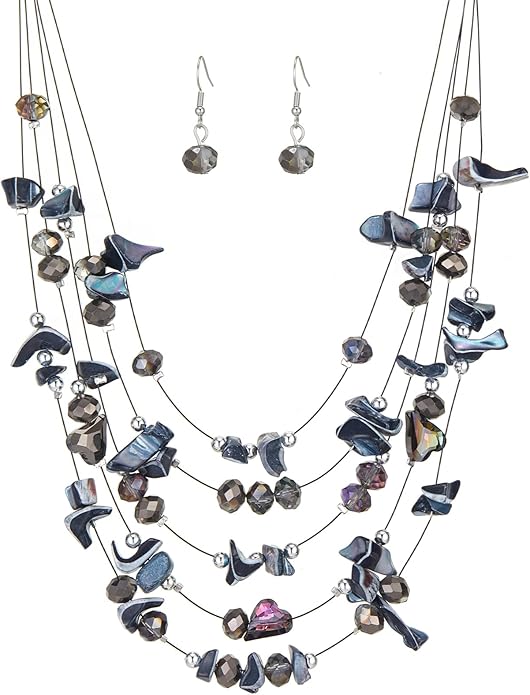 Multi-Layer Boho Shell Beaded Necklace for Women Colorful Crystal Strand with Silver Beads Statement Collars Necklace and Earrings Costumes Jewelry Sets for Women