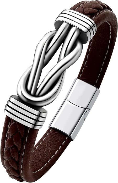 Mens Black Braided Leather Bracelet, Green/Red/Brown/Black Braided Leather Infinity Knot Bracelets for Men with Stainless Steel Clasp, 7.5/8.5/9in Length