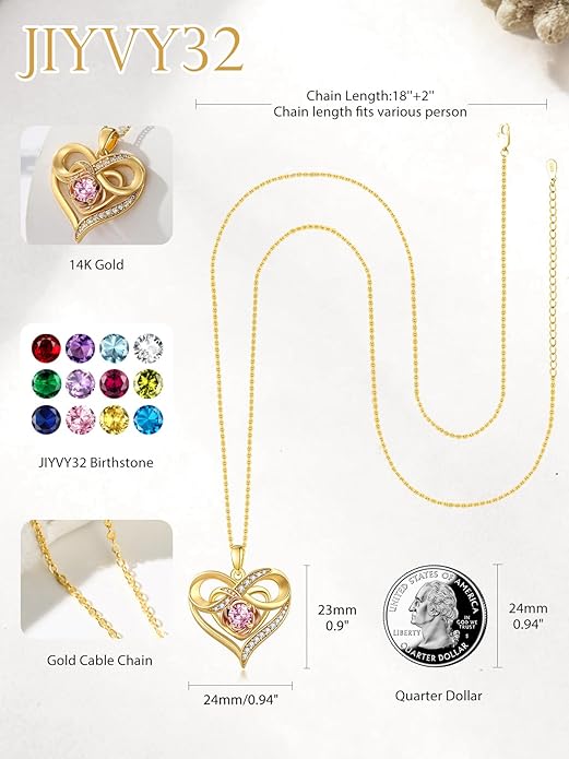 Infinite Heart Birthstone Necklaces for Women Gold Plated Pendant Wedding Anniversary Birthday Gift for Wife Her Mom Grandma Daughter Jewelry with Round Birthstone