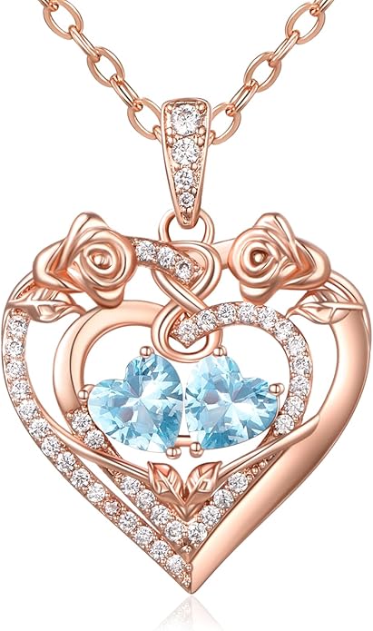 JIYVY32 Rose Heart Necklace for Women Exquisite 925 Sterling Silver Anniversary Birthday Gifts for Wife Mom Her Double Birthstone Pendant Jewelry