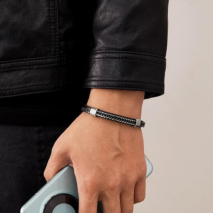 Italian Handmade Genuine Leather Bracelets for Men Stainless Steel Clip, Men's Casual Genuine Multi-layer Cuff Bracelet, Bracelet Gift for Real Men