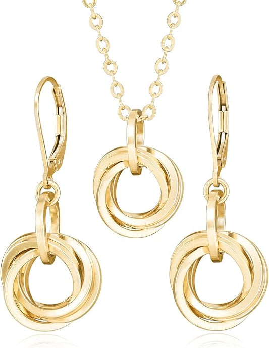Tahmi Elegant 14K Yellow Gold-Filled Love Knot Jewelry Gift Set | 20 Inch Circle Pendant Necklace and Dangle Earrings for Women | Perfect Everyday, Holiday, Birthday, or Wedding Gift Idea