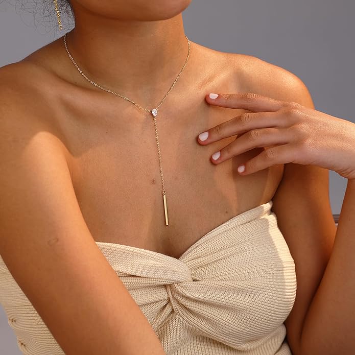 Gold Necklace for Women, Dainty Gold Long Necklaces 14k Gold Plated Prom Bar CZ Lariat Necklace Simple Choker Necklaces for Women Trendy Boho Fashion Costume Jewelry Womens