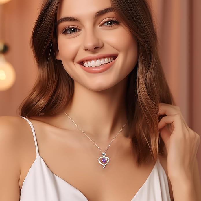 LOUISA SECRET Rose Flower Heart Birthstone Necklaces for Women, 925 Sterling Silver Fine Jewelry, Pendant Heart Necklaces Birthday Anniversary Christmas Gift for Women Wife Mom Girlfriend Lady