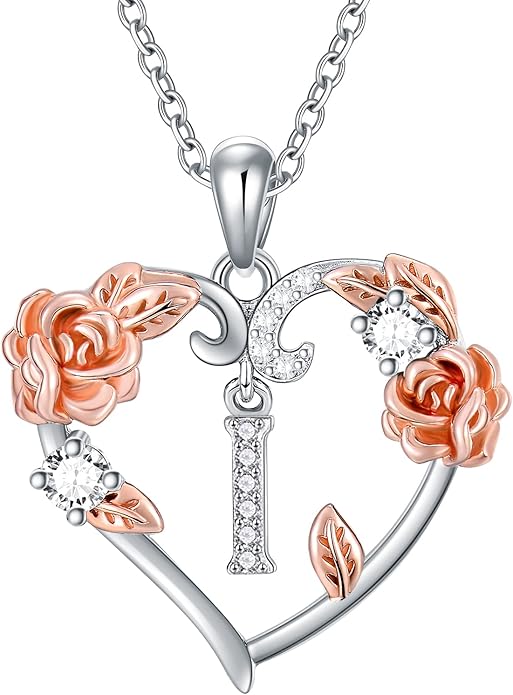 AOBOCO Rose Heart Necklaces Valentines Gifts for Women, 925 Sterling Silver Rose Love Heart Initial Letter Pendant Necklace Jewelry Mothers Day Christmas Birthday Gifts for Her Mom Wife Girlfriend