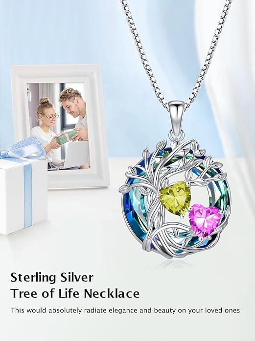 TOUPOP s925 Sterling Silver Family Celtic Tree of Life Pendant Necklaces with 2 Heart Birthstone with Blue Austrian Crystal Jewelry Birthday Anniversary Christmas Gifts for Her Wife Girlfriend Mom (18K Real White Gold Filled)