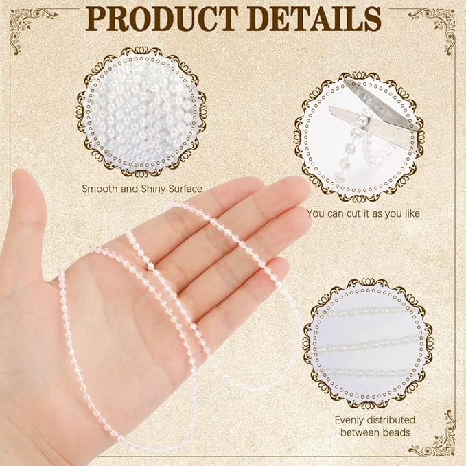 Pearl Beads Garland, 3mm String of Pearls, 164FT Pearl Garland for Christmas Tree, Christmas Faux Pearls Strand Roll for DIY Craft Xmas Wedding Party Supplies Flowers Decoration