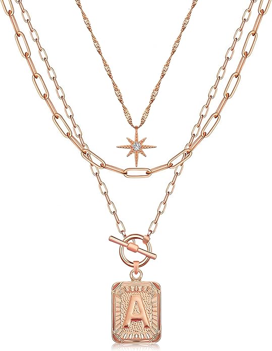 MJartoria Layered Initial Necklaces for Women Trendy, 14K Gold Plated Brass Simple Star Choker Square Letter Pendant Necklace, Paperclip Chain Necklaces Jewelry Gifts