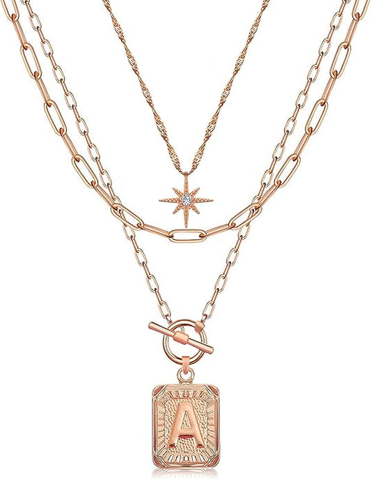 MJartoria Layered Initial Necklaces for Women Trendy, 14K Gold Plated Brass Simple Star Choker Square Letter Pendant Necklace, Paperclip Chain Necklaces Jewelry Gifts