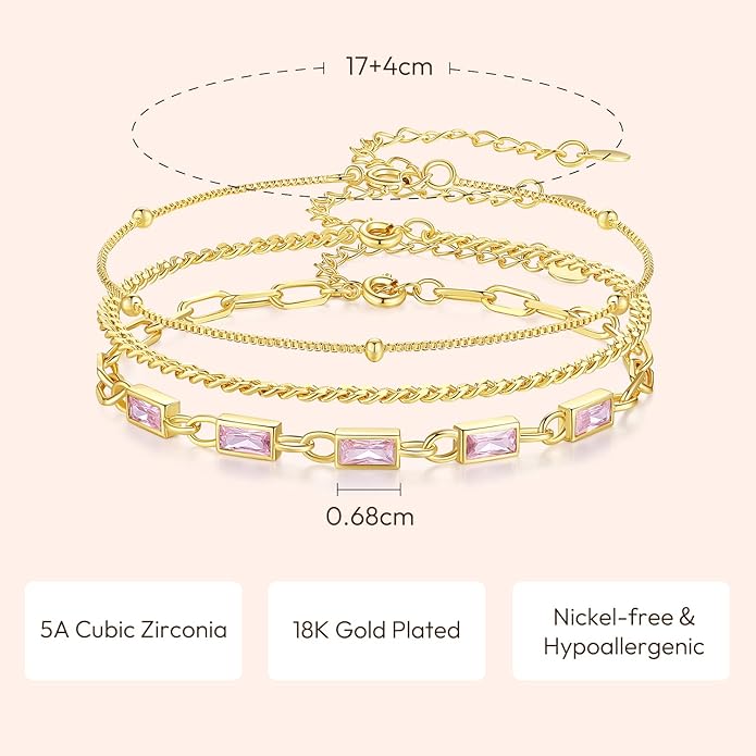 Gold Birthstone Bracelet for Women, 18K Gold Plated Layered Jewelry Bracelet Set, Women Dainty Stackable Bracelets Link Paperclip Chain Valentines Day Gift for Women