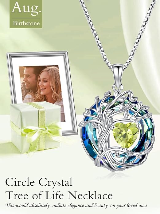 TOUPOP Tree of Life Birthstone Necklace 925 Sterling Silver Pendant Austrian Crystal Jewelry Anniversary Birthday Christmas Gifts for Women Mom Her Wife