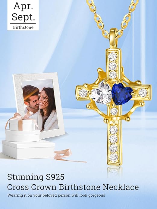 Zeuslia Double Birthstone Necklace Gifts for Wife - 925 Sterling Silver Sunflower/Rose/Crown Cross/Compass/Heart Pendant I Love You Necklace, Anniversary Birthday Gifts for Wife Girlfriend Mom Her