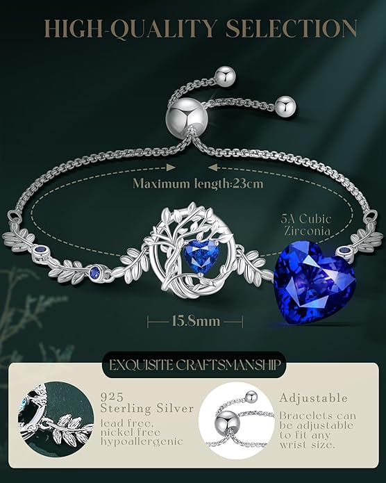 FANCIME Tree of life Birthstone Bracelet for Women Sterling Silver Tree Jewelry Birthstone Charm Bracelet Gemstone Anniversary Birthday Christmas Gifts for Wife Mom Her