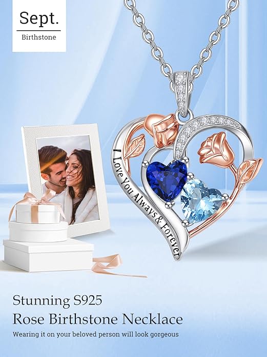 Zeuslia Double Birthstone Necklace Gifts for Wife - 925 Sterling Silver Sunflower/Rose/Crown Cross/Compass/Heart Pendant I Love You Necklace, Anniversary Birthday Gifts for Wife Girlfriend Mom Her