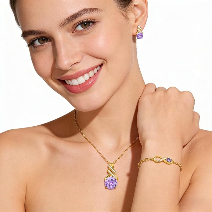 HNPHQT Jewelry Sets for Women-18K Gold Plated Dainty Birthstone Pendant,Trendy Necklace Earrings Infinity Bracelets Set,Ideal Jewelry Gifts for Her Mom