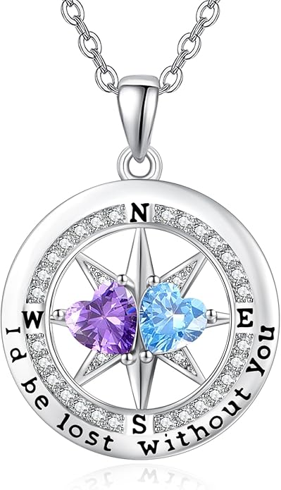 Compass Birthstones Necklace for Women, Exquisite Anniversary Birthday Gifts for Wife Her Double Birthstone Pendant jewelry ‘I'd be Lost Without You’