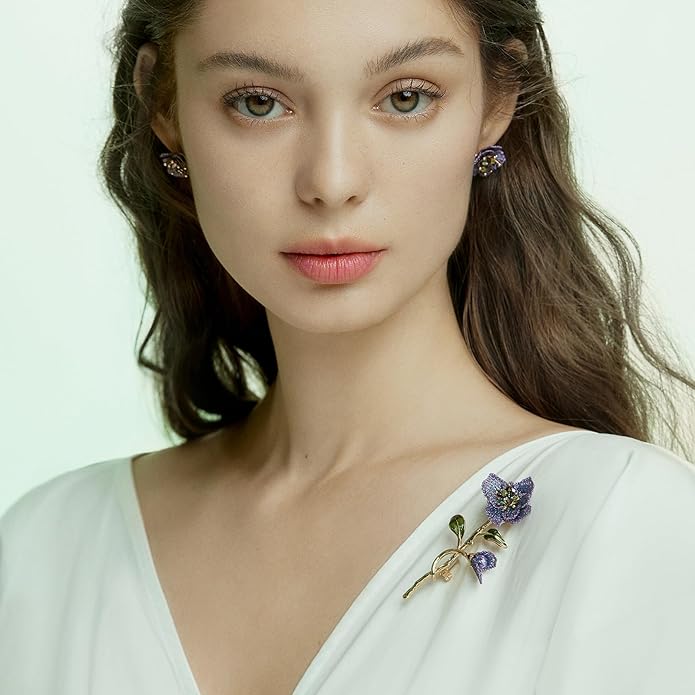 Forget me not Flower Brooch Handmade Gold Thread Embroidered and hand-Drip Enamel leaf, Gradient Botanical Floral Brooch pins for women, SHE'S FREE STYLE JUST FOR YOU [Bencao Gangmu Series]Vintage Plant Jewelry