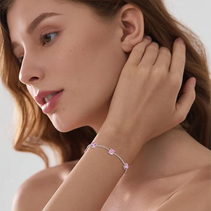 Birthstone Bracelet for Women 925 Sterling Silver Dainty Princess Cut Link Bracelet Jewelry Gifts for Her