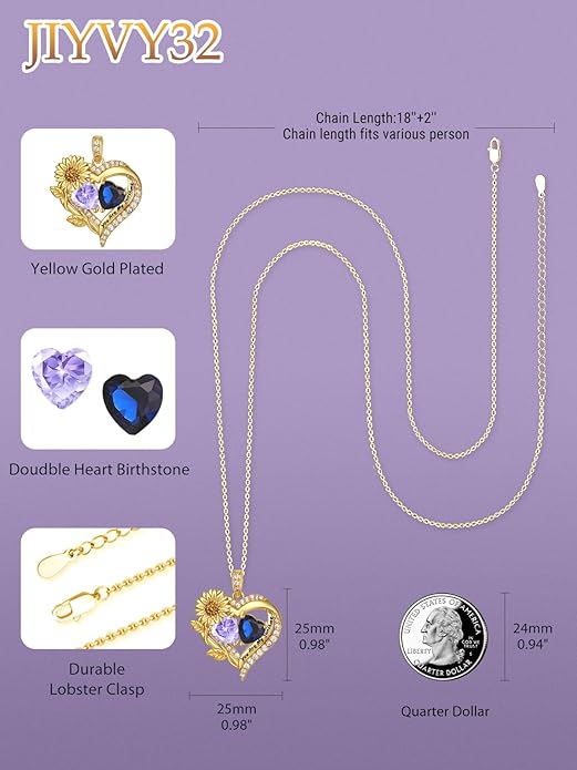 Sunflower Heart Necklace for Women 14K Gold Exquisite Anniversary Birthday Gifts for Wife Mother Her Double Birthstone Pendant jewelry‘You Are My Sunshine’