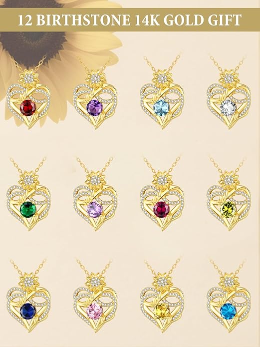 14K Gold Sunflower Birthstone Necklace for Women Infinity Love Heart Necklace Christmas Valentines Mothers Day Anniversary Birthday Gifts for Her Mom Wife Girlfriend Daughter
