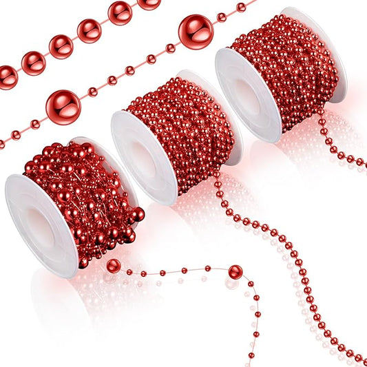 Bonuci 3 Rolls 66 Feet Pearls String Garland Faux Pearl Garland Spool Roll Strand Decoration Artificial Beads Chain Trim for Crafting String of Flowers Valentine Wedding Party(Red,4mm)