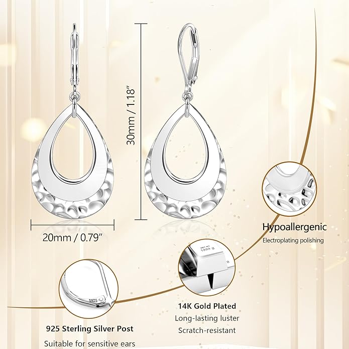925 Sterling Silver Teardrop Dangle Earrings for Women Hammered Layer Drop Dangle Earrings Jewelry Hypoallergenic Boho Teardrop Leverback Dangle Earings for Jewelry Gifts