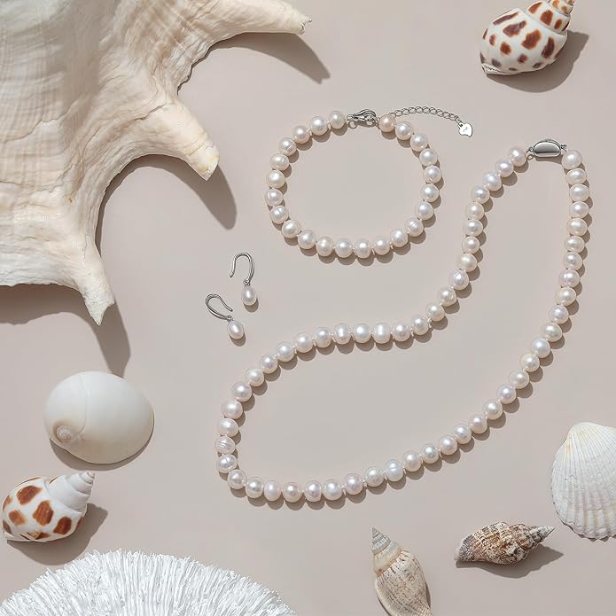 Freshwater Pearl Necklaces Set for Women Includes White Silver Pearl Bracelet and Pearl Diamond Stud Earrings Jewelry Set for Women Men Mother Wife Girlfriend Birthday Wedding Christmas Gifts