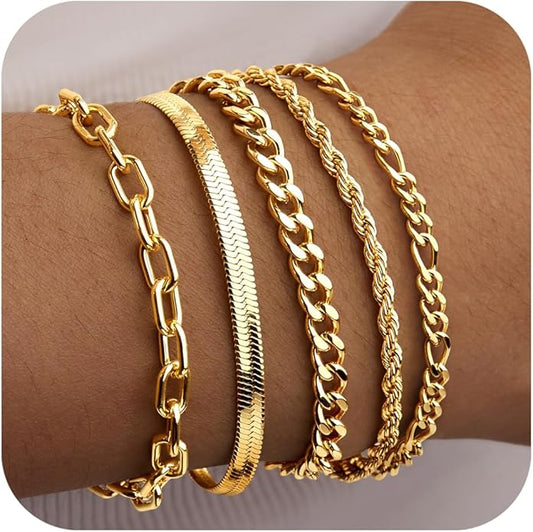 Gold Bracelets for Women Non Tainish,Dainty Bracelets Stack for Women Trendy, Gold Plated Cuff Bracelets Stack With Beaded Cuban Paperclip Snake Rope Bangle Hand Chain Jewelry Gifts for Women