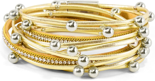 ENGCKSHI Wrapped Bracelets for Women,Leather Bracelet,Boho Bracelets for Women,Multi-Layer Pearl Crystal Bracelet Bangle Jewelry