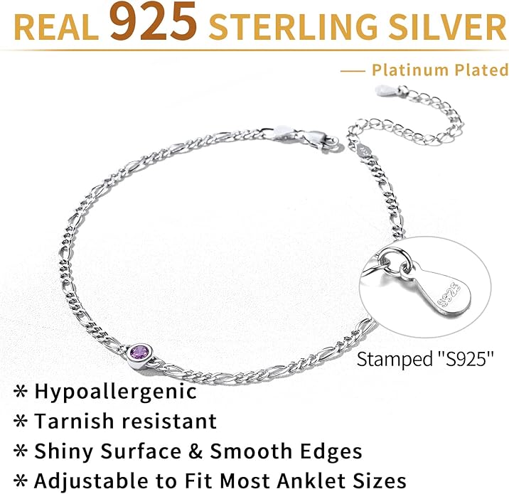 ChicSilver Sterling Silver Anklets Bracelets for Women, Figaro Chain Heart/Round Birthstone Anklet for Women Waterproof, Dainty Herringbone Ankle Bracelet Summer Beach jewelry