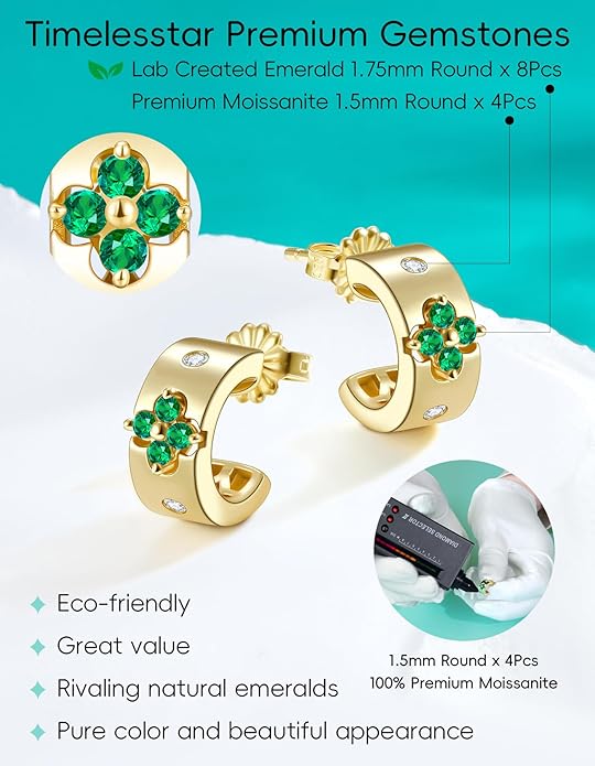 Premium Emerald&Moissanite Clover Hoop Earrings for Women Gifts Nickel Free|D Color VVS1 Clarity 3EX Cut|S925 Sterling Silver 18K Gold Plated Non Tarnish