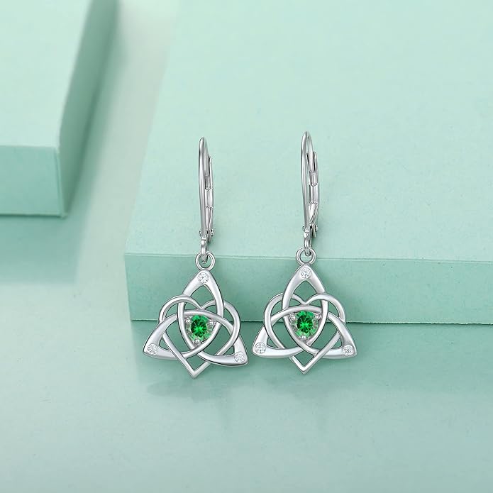 STARCHENIE Celtic Knot Necklace Earrings for Women 925 Sterling Silver Irish Love Knot Pendant May Birthstone Created Emerald Trinity Jewelry Set
