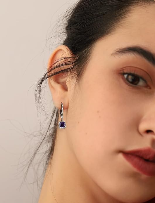 Square Dangle Drop Earrings Sterling Silver Halo Leverback Earrings Birthstone Jewelry for Women