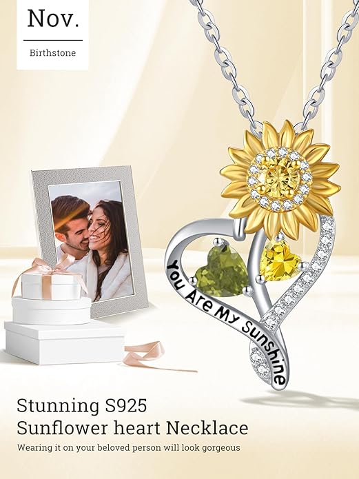 Zeuslia Double Birthstone Necklace Gifts for Wife - 925 Sterling Silver Sunflower/Rose/Crown Cross/Compass/Heart Pendant I Love You Necklace, Anniversary Birthday Gifts for Wife Girlfriend Mom Her