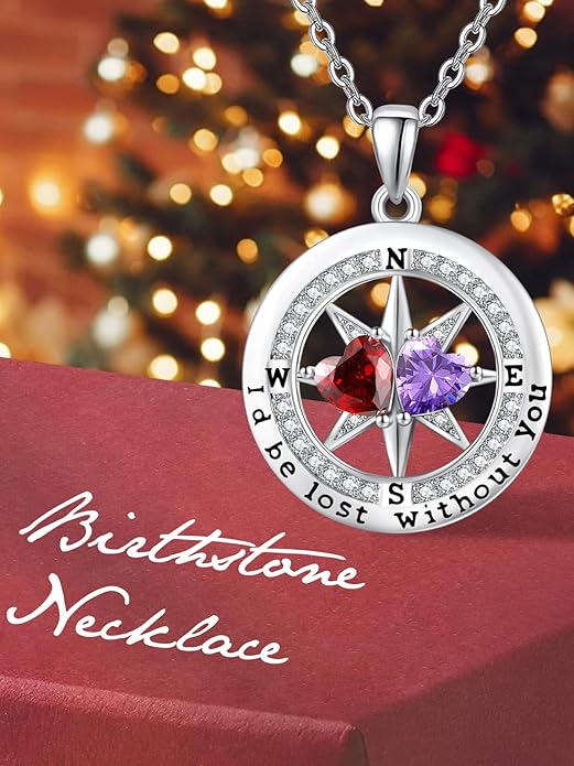 JIYVY32 Compass Birthstones Necklace for Women, Exquisite S925 Necklace Anniversary Birthday Gifts for Wife Her Double Birthstone Pendant jewelry ‘I'd be Lost Without You’