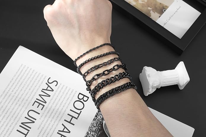XIANNVXI 6pcs Stainless Steel Bracelets for Men Women Silver/Gold/Black Cuban Link Rope Paperclip Chain Bracelets Set 6.5/7/7.5/8.3/9 Inches Metal Bracelet Mens Fashion Accessories Jewelry Set