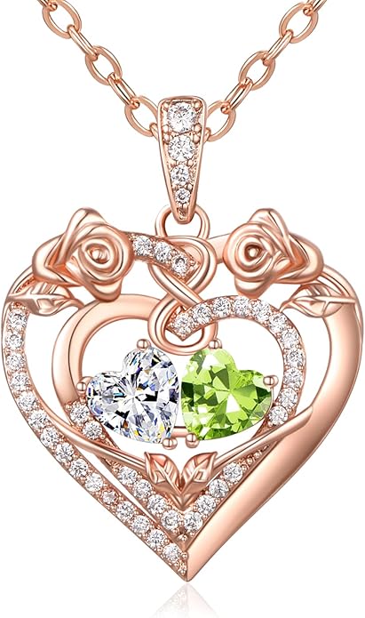 JIYVY32 Rose Heart Necklace for Women Exquisite 925 Sterling Silver Anniversary Birthday Gifts for Wife Mom Her Double Birthstone Pendant Jewelry