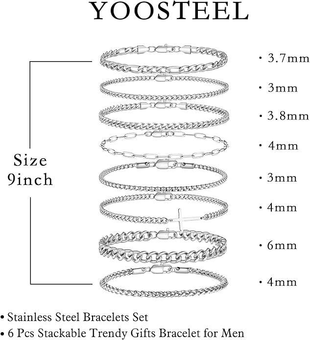 Yoosteel Mens Bracelets - Silver Chain Bracelet Stainless Steel Cuban Link Stack Bracelets Sturdy Rope Paperclip Chains Set 7.5/8.3/9 inches Trendy Jewelry for Men