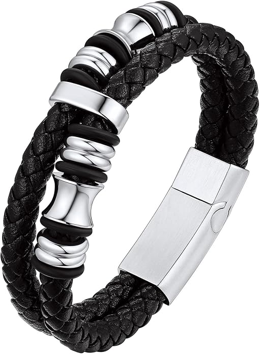 Bestyle Genuine Men Leather Bracelets Fashion Stainless Steel Celtic/Sport Ball Bead Cuff Wirstband Bracelets for Men, Size 7.5/8.3/9.1Inch