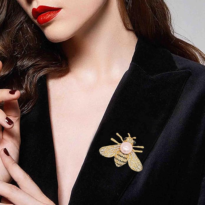 Honey Bee Brooches Crystal Insect Themed Bee Brooch Animal Fashion Shell Pearl Brooch Pin Gold Tone