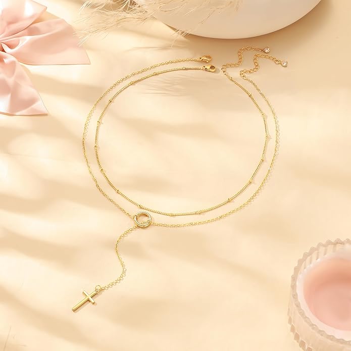 LOVELUCK Long Lariat Necklace for Women,Dainty Layered Y-Shaped Necklaces 14k Gold/Silver Plated Drop Chain Trendy Christmas Jewelry Gifts