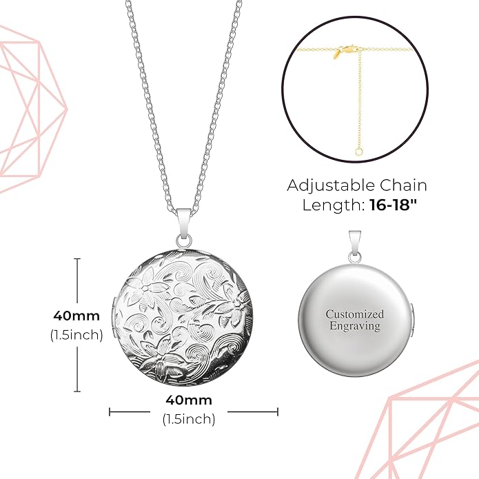 Locket Necklace for Women Girls, 18” Jewelry Chain, Picture Photo Inside, Cadenas para mujer, Personalized Custom Name Gold Locket, Customized Couples Locket, Silver, Rose Gold, Gold