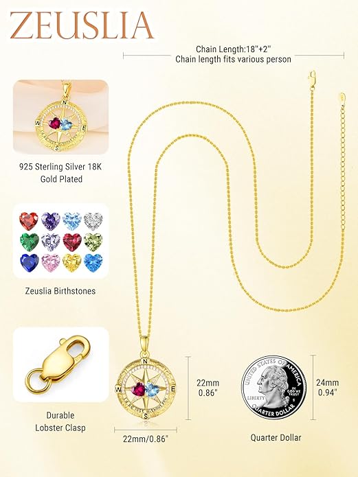 Zeuslia Double Birthstone Necklace Gifts for Wife - 925 Sterling Silver Sunflower/Rose/Crown Cross/Compass/Heart Pendant I Love You Necklace, Anniversary Birthday Gifts for Wife Girlfriend Mom Her