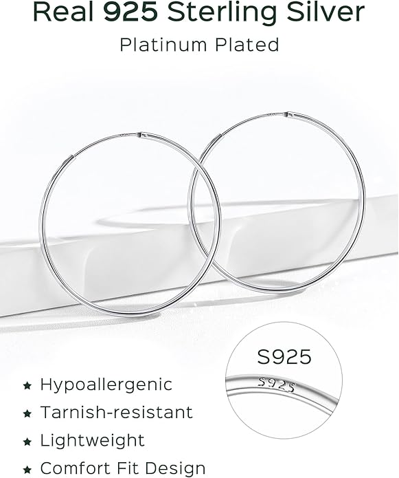 ChicSilver Hypoallergenic 925 Sterling Silver Hoop Earrings for Women, Lightweight Large Gold Plated Hoop Earrings, Endless Hoops Huggie Earrings 15/20/30/50/70MM
