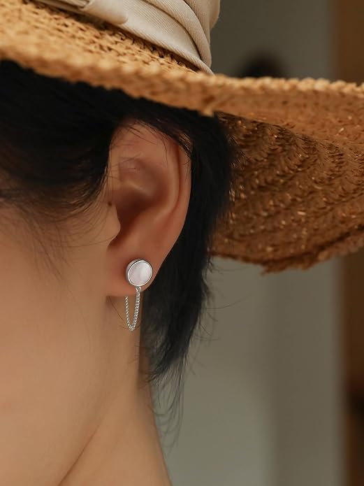 S.Leaf Gold Stud Earrings for Women 925 Sterling Silver Hypoallergenic Mother of Pearl Shell Stud Chain Earrings Friendship Jewelry Gifts for Women Her