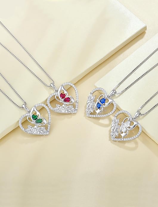 YL Women's Butterfly Necklace 925 Sterling Silver Flower Rose Pendant Birthstone Halo Jewelry